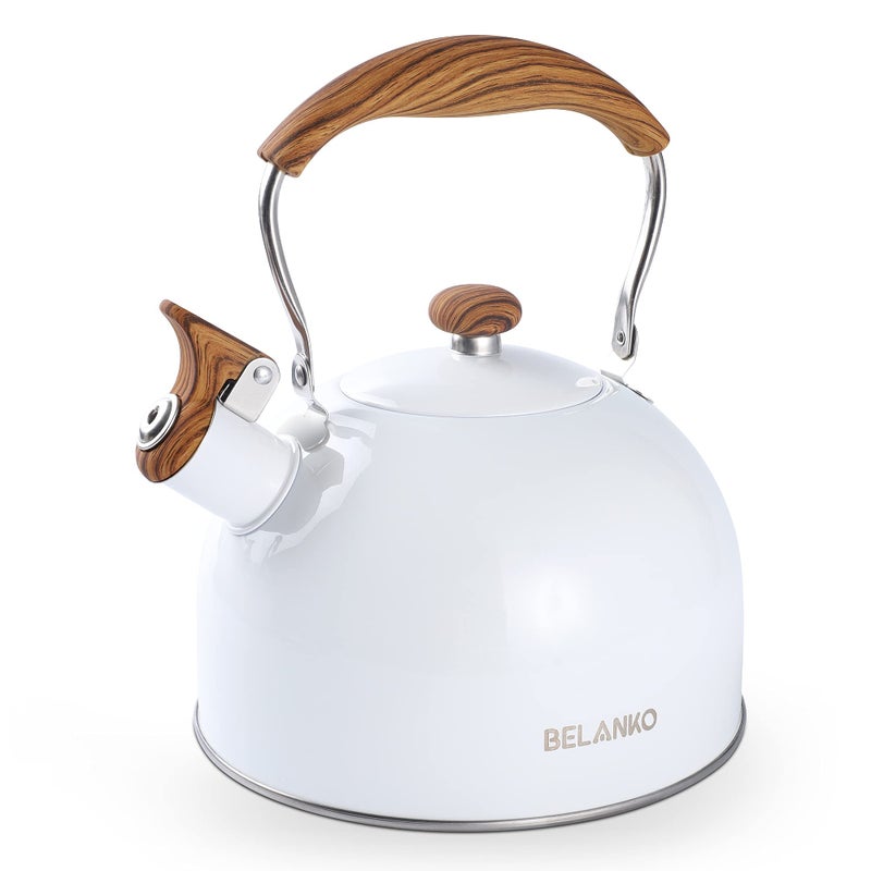 BELANKO Tea Kettle BELANKO 85 OZ  25 Liter Whistling Tea Kettle Tea Pots for Stove Top Food Grade Stainless Steel with Wood Pattern Folding Handle Loud Whistle Kettle for Tea Coffee Milk  Gloss White