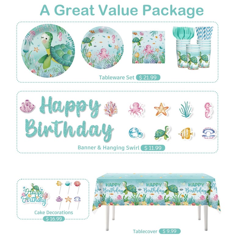 cocomigo 201 Pieces Ocean Party Decorations, All-in-One Sea Turtle Birthday Party Pack, Includes Banner, Plates, Tablecloth, Cake Toppers, Balloons, Under the Sea Decorations for 25 Guests - Image 3