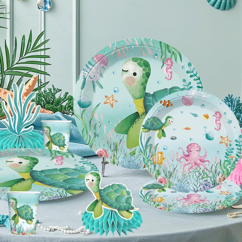 cocomigo 201 Pieces Ocean Party Decorations, All-in-One Sea Turtle Birthday Party Pack, Includes Banner, Plates, Tablecloth, Cake Toppers, Balloons, Under the Sea Decorations for 25 Guests - Image 5