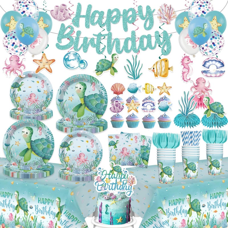 cocomigo 201 Pieces Ocean Party Decorations, All-in-One Sea Turtle Birthday Party Pack, Includes Banner, Plates, Tablecloth, Cake Toppers, Balloons, Under the Sea Decorations for 25 Guests - Image 1