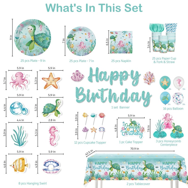 cocomigo 201 Pieces Ocean Party Decorations, All-in-One Sea Turtle Birthday Party Pack, Includes Banner, Plates, Tablecloth, Cake Toppers, Balloons, Under the Sea Decorations for 25 Guests - Image 2