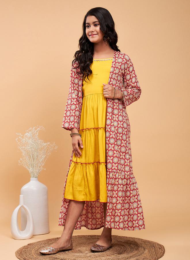 Stylo Bug - Solid Tiered Midi Dress with Floral Printed Shrug by Styli - Image 1
