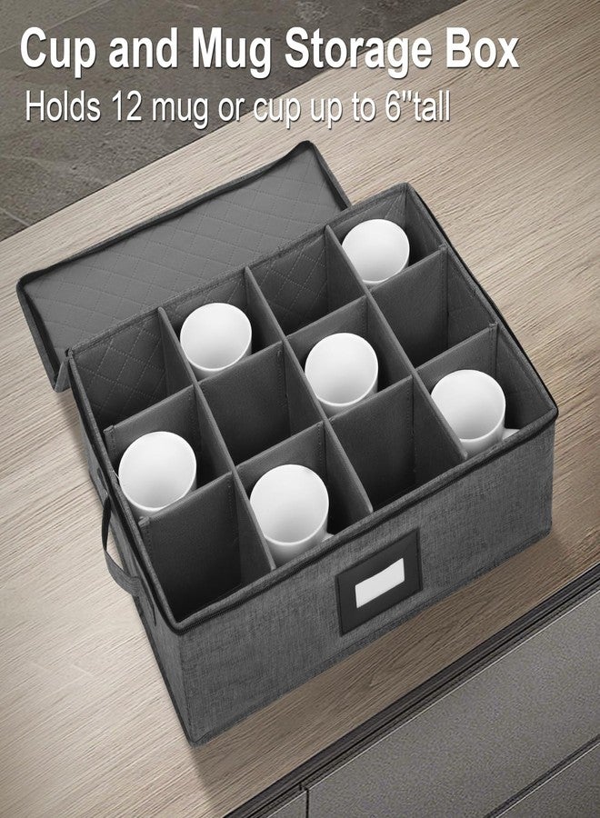 Mayniu 2 Pack Mug Storage Box with Dividers, Hard Top Cup Storage Containers for Coffee Mug & Tea Cup, Stackable Coffee Mug Storage Organizer with Zipper Lid & Rivet Reinforced Handles - Black - Image 2