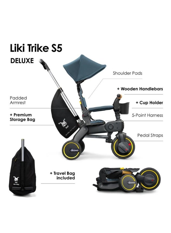 Doona Liki Trike S5, Premium 5-in-1 Ride-On Travel Tricycle and Scooter, Easy Foldable Design with Parent Push Handle, Sun Canopy and Travel Bag, For 10 Months To 3 Years, Ocean Blue - Image 2