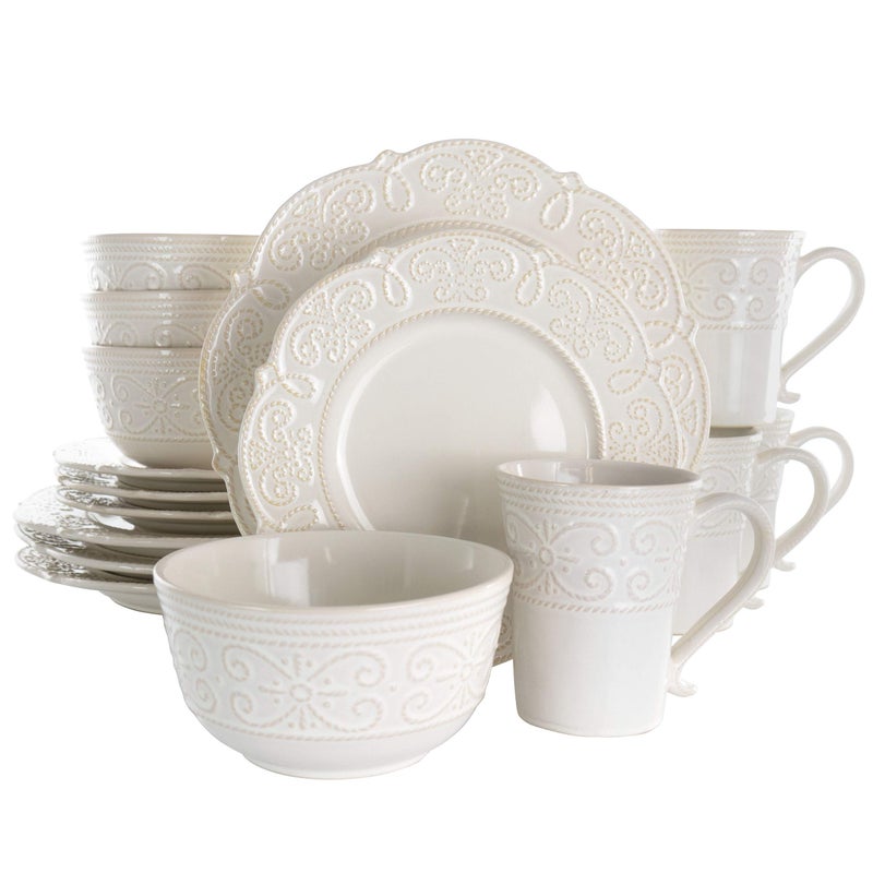 Elama Round Decorated Stoneware Scallop Embossed Dinnerware Dish Set, 16 Piece, Luna - Image 1