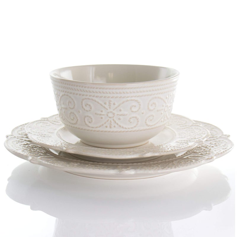 Elama Round Decorated Stoneware Scallop Embossed Dinnerware Dish Set, 16 Piece, Luna - Image 2