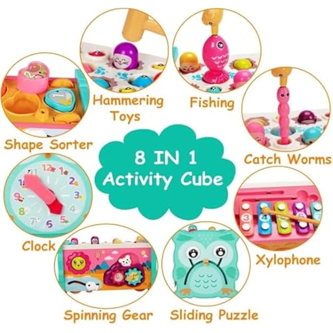 مكعب نشاط خشبي للأطفال - طاولة نشاط 8 في 1 للأطفال الصغار - لعبة فرز الأشكال، لعبة الصيد، إكسيلوفون، ساعة والمزيد - لعبة نشاط للأطفال لتطوير المهارات الحركية الدقيقة والتعلم - Image 3