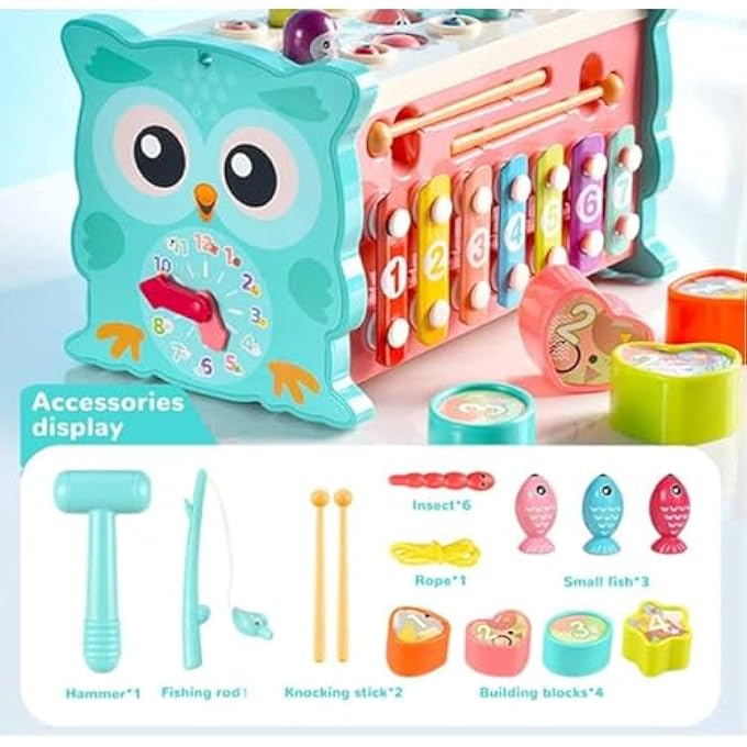 مكعب نشاط خشبي للأطفال - طاولة نشاط 8 في 1 للأطفال الصغار - لعبة فرز الأشكال، لعبة الصيد، إكسيلوفون، ساعة والمزيد - لعبة نشاط للأطفال لتطوير المهارات الحركية الدقيقة والتعلم - Image 5