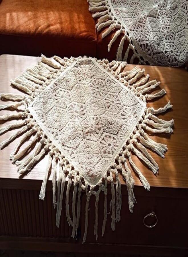 Handcrafted Crochet Square Tablecloth with Fringe, Cream, Boho Style, 50x50 cm, .kl