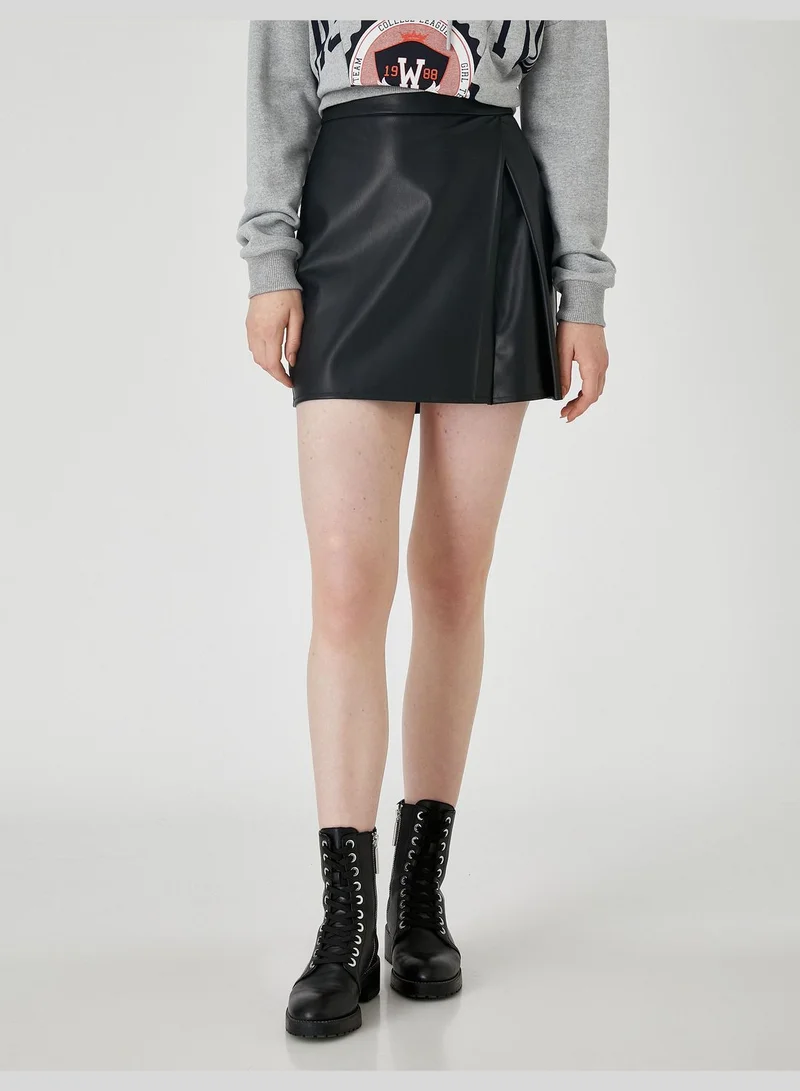 KOTON Faux Leather Mini Skirt Pleated