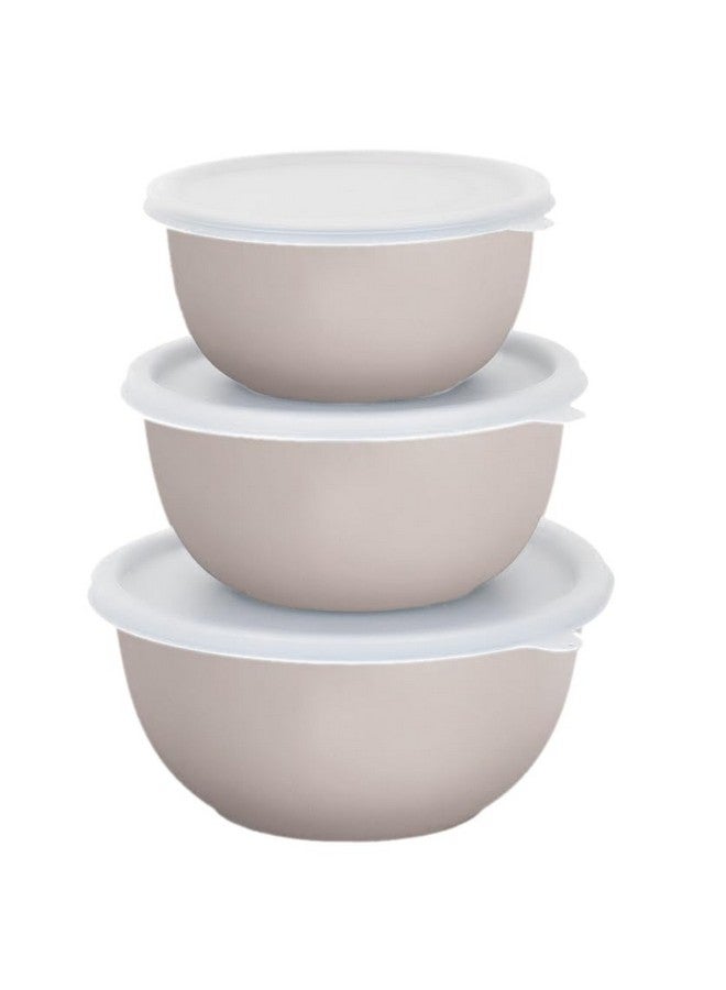 Zaib Steel Micrwoave Safe Food Storage Containers with lid for Kitchen | Serving Bowls 14cm, 16cm, 18cm (Sand Brown White lid 3) - Image 1