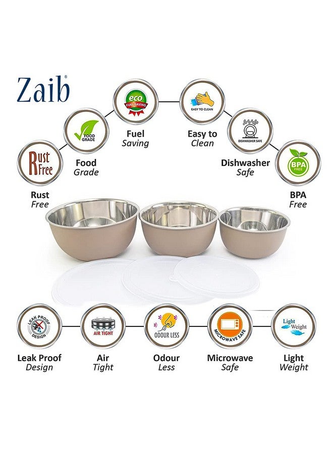 Zaib Steel Micrwoave Safe Food Storage Containers with lid for Kitchen | Serving Bowls 14cm, 16cm, 18cm (Sand Brown White lid 3) - Image 2