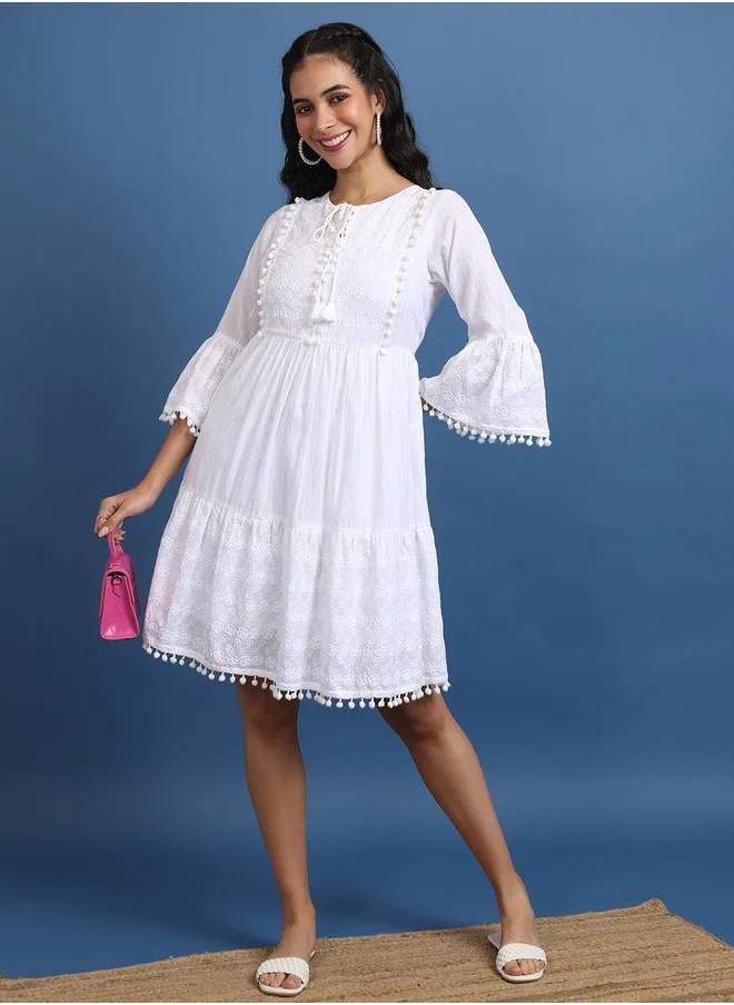 Vishudh Embroidered Pom pom Detail A Line Knee Length Dress by Styli