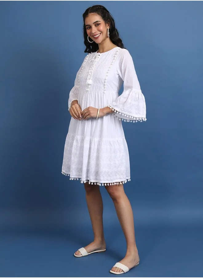 Vishudh Embroidered Pom pom Detail A Line Knee Length Dress by Styli