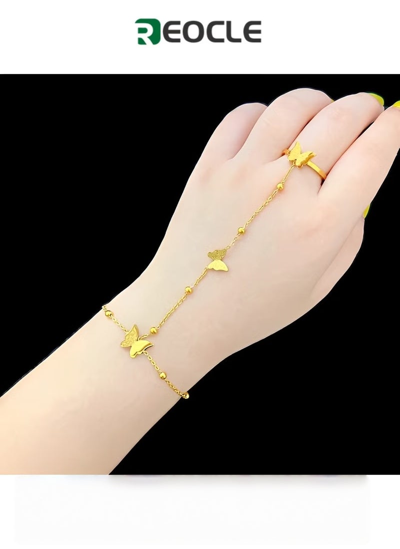 REOCLE Women's Butterfly Finger Ring Bracelet 14K Gold Plated Dainty Star Hand Chain Harness Bangle Retro Party Jewelry Gift for Girls & Ladies - Image 1