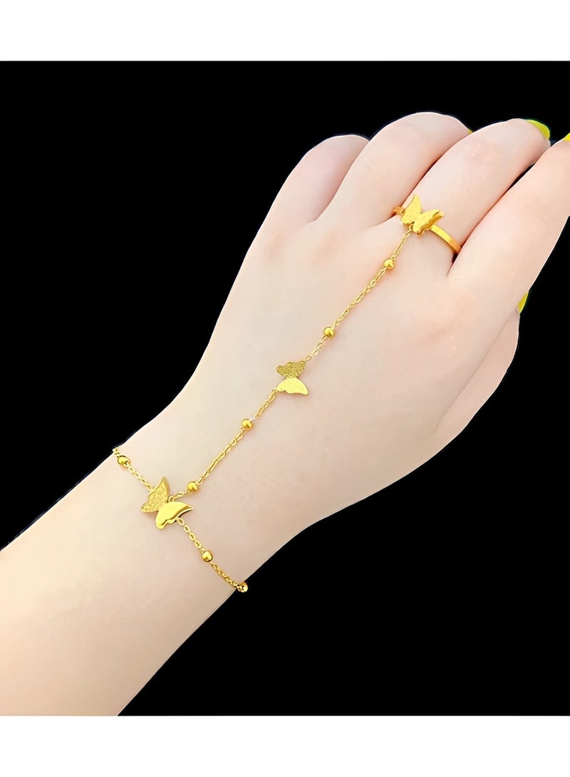 REOCLE Women's Butterfly Finger Ring Bracelet 14K Gold Plated Dainty Star Hand Chain Harness Bangle Retro Party Jewelry Gift for Girls & Ladies - Image 2