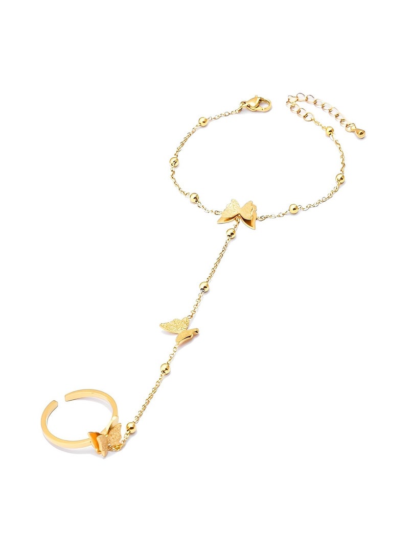 REOCLE Women's Butterfly Finger Ring Bracelet 14K Gold Plated Dainty Star Hand Chain Harness Bangle Retro Party Jewelry Gift for Girls & Ladies - Image 3