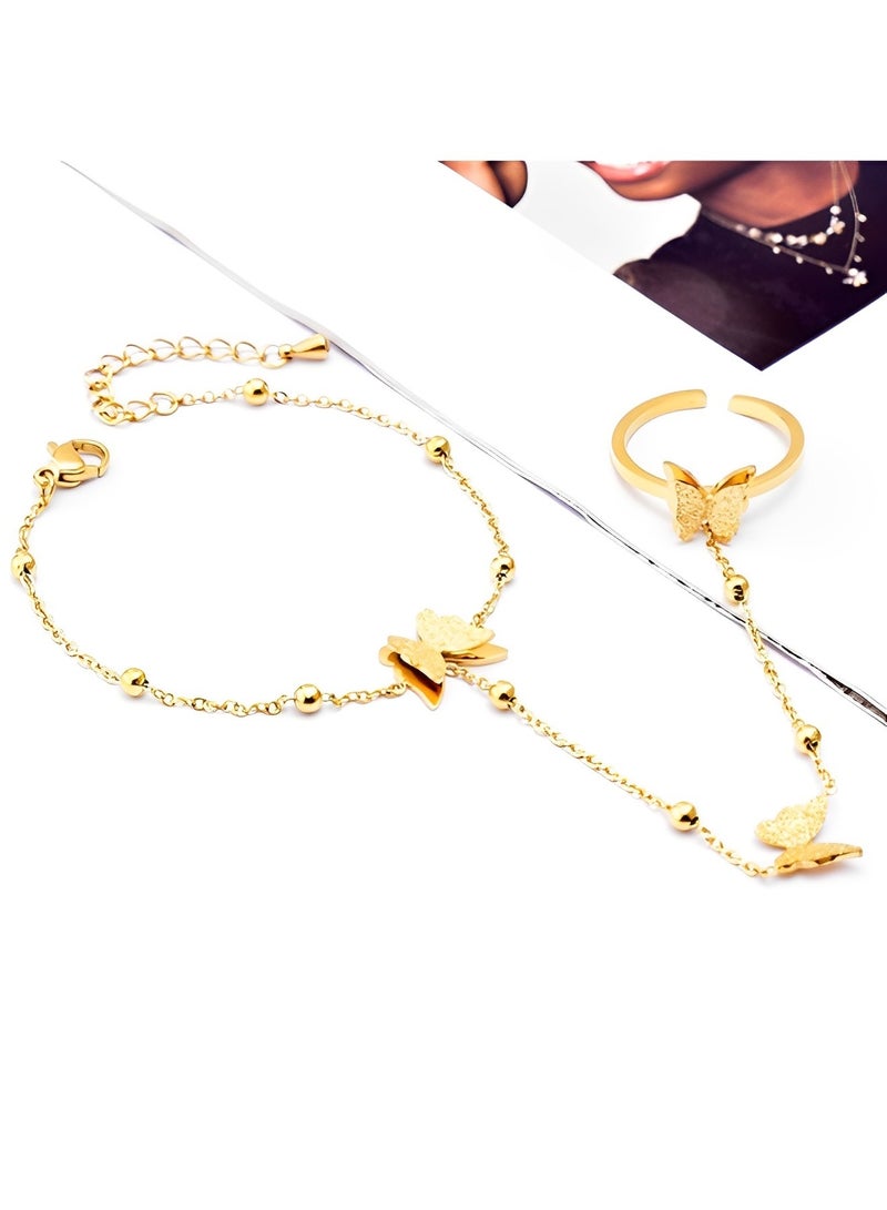 REOCLE Women's Butterfly Finger Ring Bracelet 14K Gold Plated Dainty Star Hand Chain Harness Bangle Retro Party Jewelry Gift for Girls & Ladies - Image 4