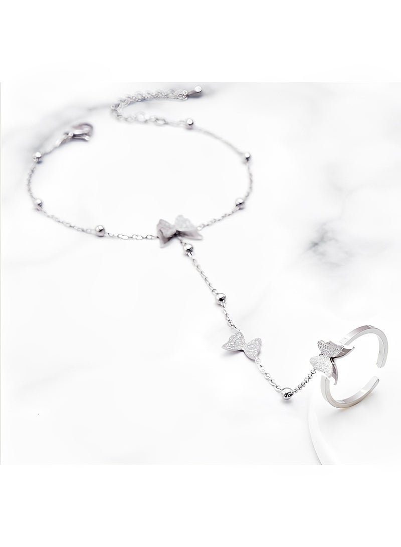 REOCLE Women's Butterfly Finger Ring Bracelet 14K Gold Plated Dainty Star Hand Chain Harness Bangle Retro Party Jewelry Gift for Girls & Ladies - Image 5