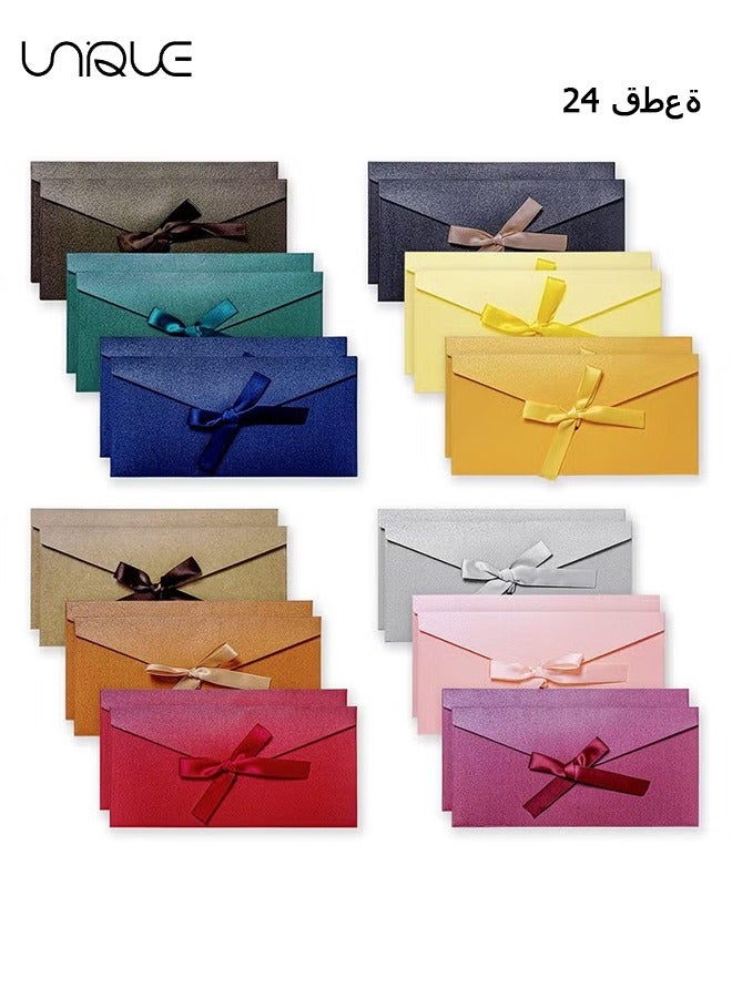 Unique 24Pcs Envelopes，Vintage Kraft Pearlescent Paper Envelopes with Colored Bow Tie Ribbons for Handmade Invitations, Wedding or Festival Cards, Thickened Large (12 Colour)  - Image 1
