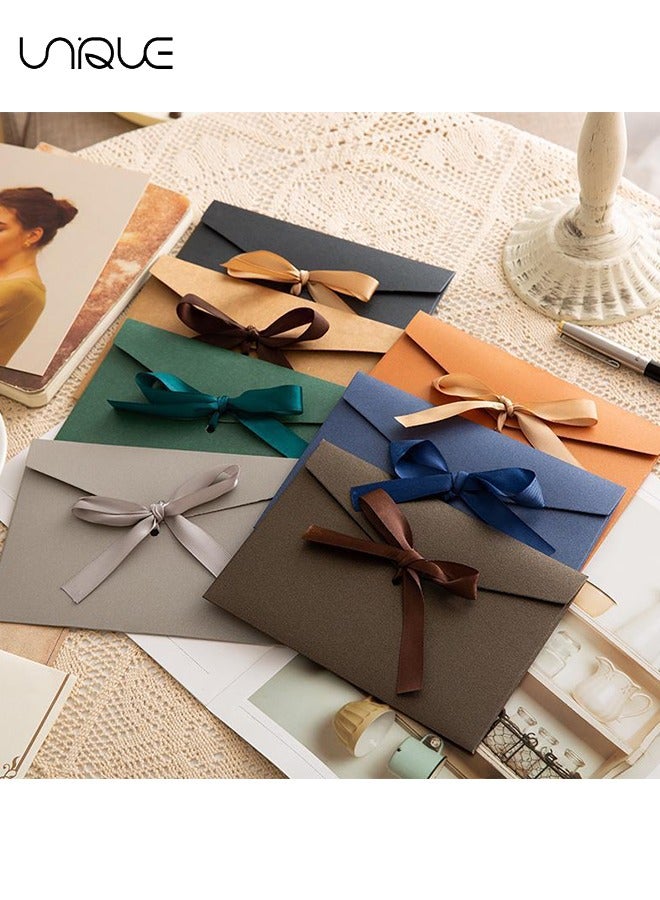 Unique 24Pcs Envelopes，Vintage Kraft Pearlescent Paper Envelopes with Colored Bow Tie Ribbons for Handmade Invitations, Wedding or Festival Cards, Thickened Large (12 Colour)  - Image 5