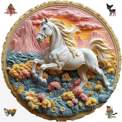 Qiuenisray Wooden Puzzles for Adults 500 Piece 3D Vision Effect Galloping White Horse Jigsaw Puzzle FSC Certified Wall Decor Unique Shape Puzzle Pieces Wood Puzzles for Family Game 163x165 in - Image 1