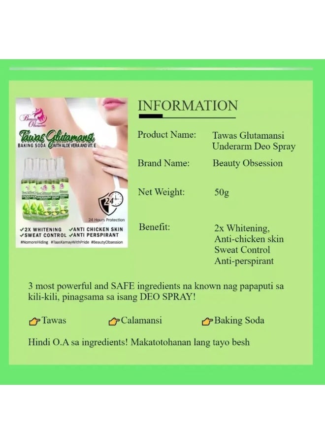 Beauty Obsession Say Goodbye to Underarm Odor with Tawas Glutamansi Deo Spray Formulated to combat odor-causing bacteria while keeping underarms fresh and clean. Supports a lighter-looking underarm appearance and promotes smoother, healthier-looking skin with regular use. - Image 4