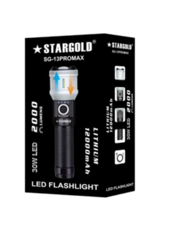 Stargold Rechargeable LED Flashlight With Zoom 30W 12000mAh Lithium Battery - Image 2
