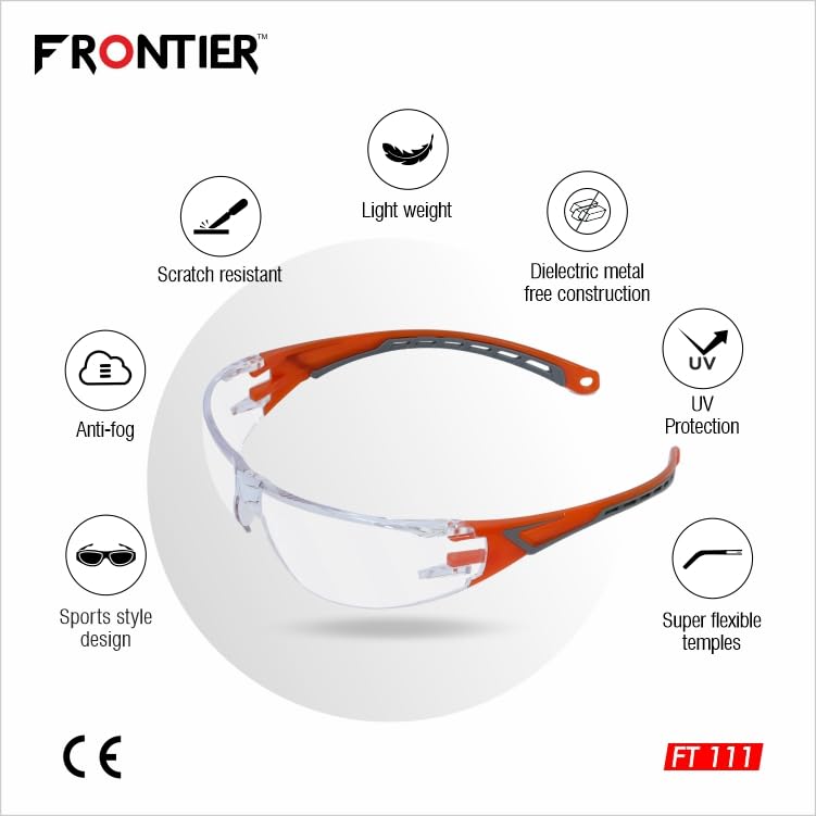 FRONTIER FT111(CLEAR) Sporty Design Safety Goggles | Anti-Scratch, Anti-Fog & UV Coating Lens | Adjustable Nose Bridge UV & Impact Resistance with Flexible Temples Safety Glasses | Pack of 2 - Image 2
