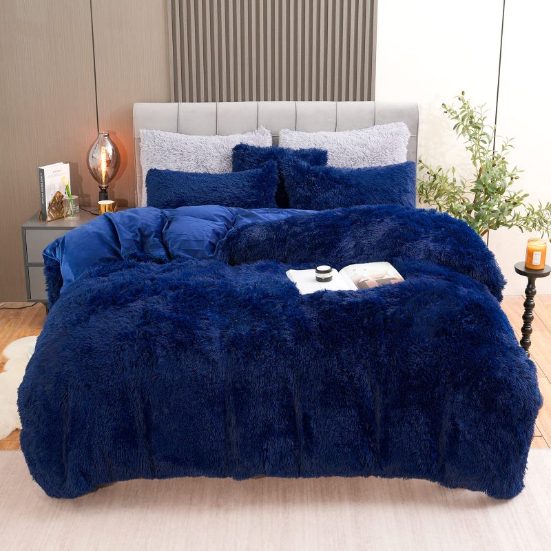 Fluffy Plush Duvet Cover Set Twin Size Luxury Ultra Soft Velvet Fuzzy Comforter Cover Bed Sets 3Pcs1 Faux Fur Duvet Cover 1 Pillow Cases 1 Pillow Cover Zipper Closure Twin Navy Blue