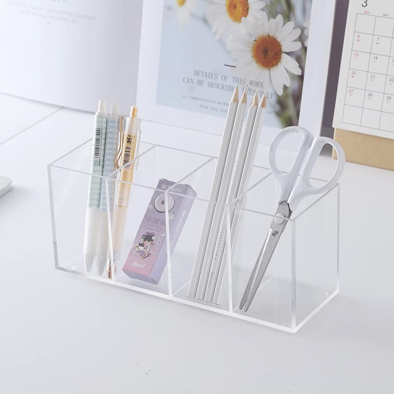 HSYMQ Acrylic Pen Holder 4 Compartments Clear Pencil Holder Organizer Makeup Brush Holder - Image 3