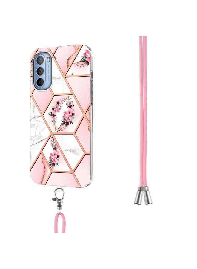For Motorola Moto G31 / G41 Splicing Marble Flower Pattern TPU Phone Case with Lanyard(Pink Flower)