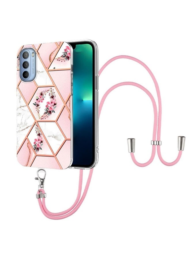 For Motorola Moto G31 / G41 Splicing Marble Flower Pattern TPU Phone Case with Lanyard(Pink Flower)