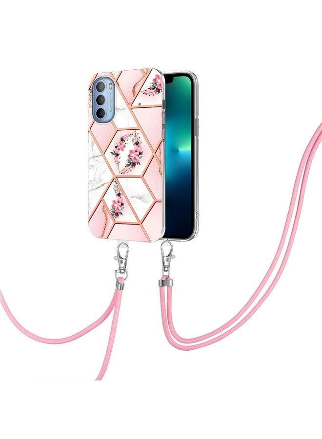 For Motorola Moto G31 / G41 Splicing Marble Flower Pattern TPU Phone Case with Lanyard(Pink Flower)