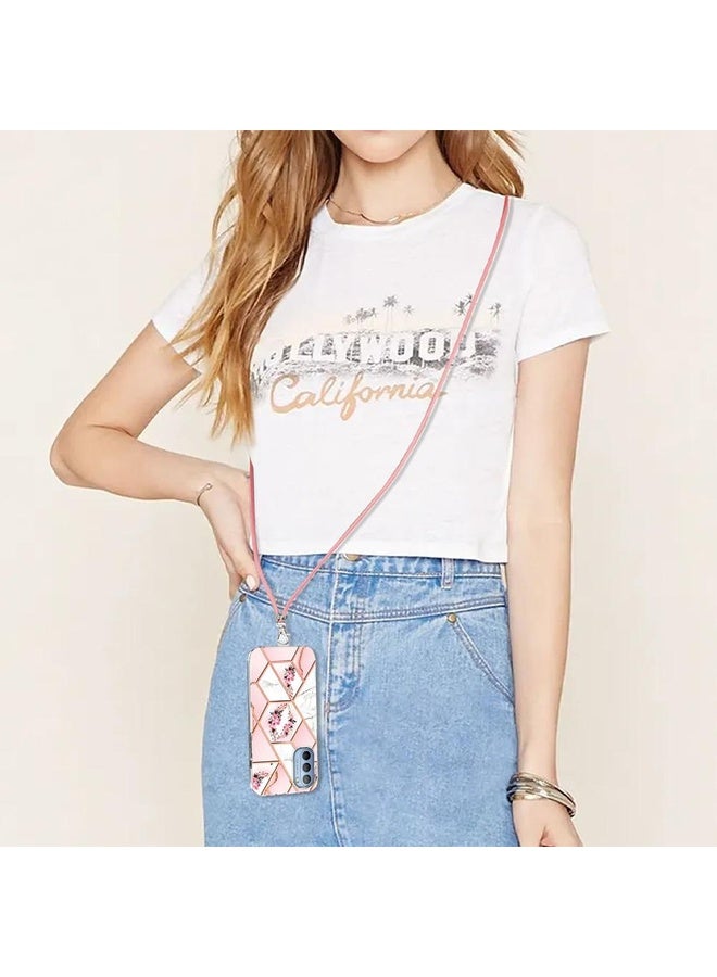 For Motorola Moto G31 / G41 Splicing Marble Flower Pattern TPU Phone Case with Lanyard(Pink Flower)