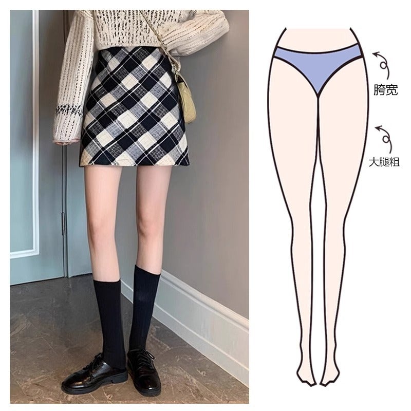 plus size Womens Wool Plaid Skirt Womens Autumn and Winter New Arrival Small Winter Hip A- Line Short Skirt Black (lined) - Image 5