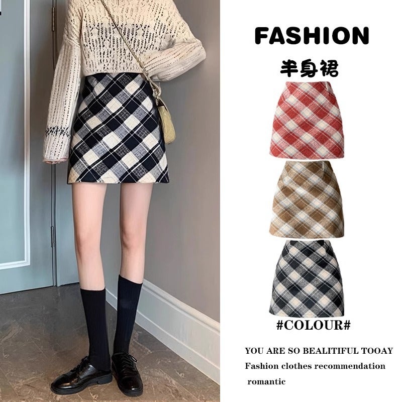 plus size Womens Wool Plaid Skirt Womens Autumn and Winter New Arrival Small Winter Hip A- Line Short Skirt Black (lined) - Image 2