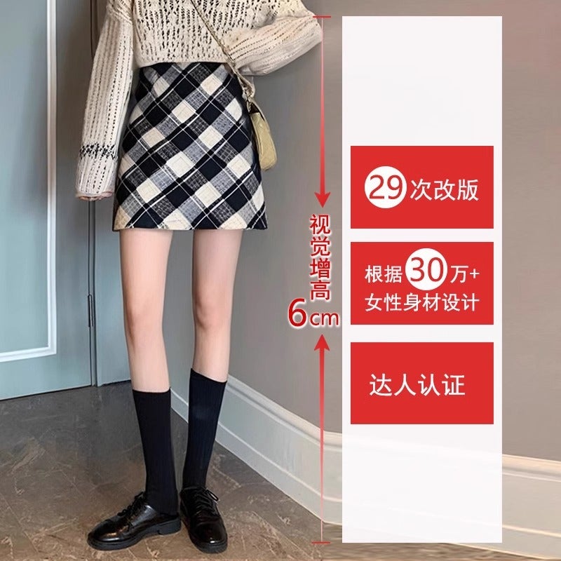 plus size Womens Wool Plaid Skirt Womens Autumn and Winter New Arrival Small Winter Hip A- Line Short Skirt Black (lined) - Image 3