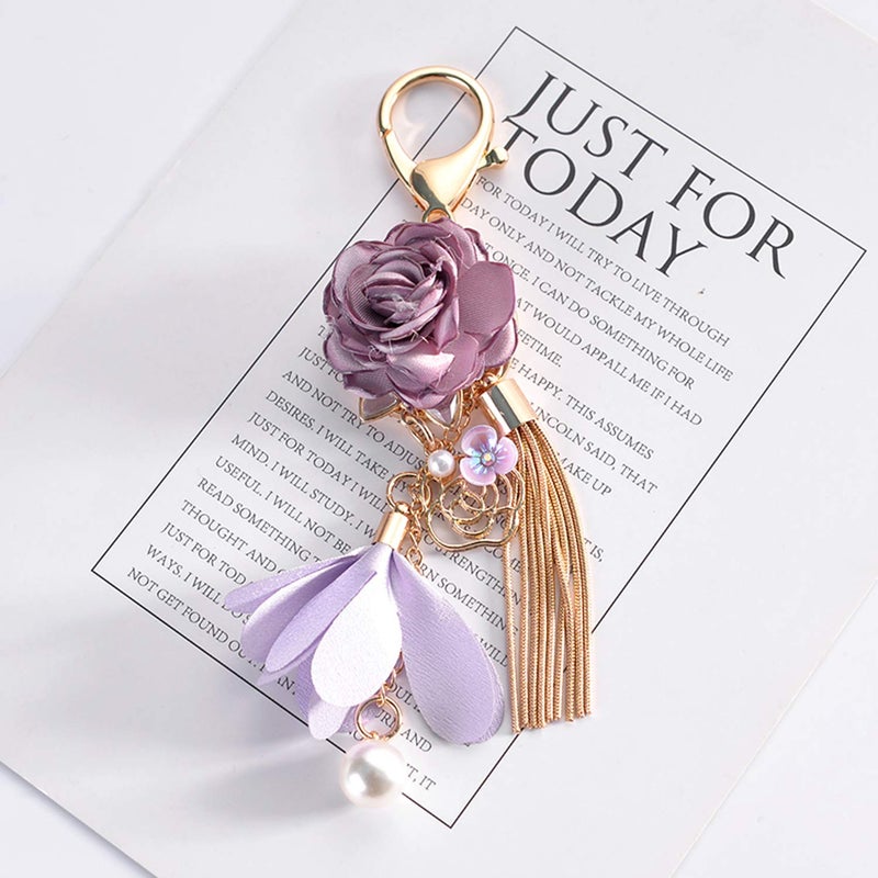ZOONAI Flower Tassel Keychain Pearl Car Keyring Holder Purse Handbag Pendant (Purple) - Image 2