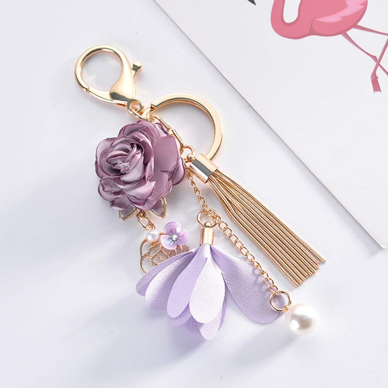 ZOONAI Flower Tassel Keychain Pearl Car Keyring Holder Purse Handbag Pendant (Purple) - Image 3