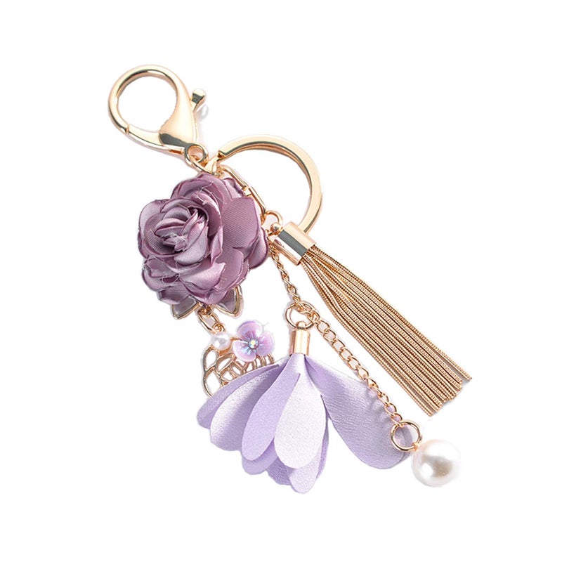 ZOONAI Flower Tassel Keychain Pearl Car Keyring Holder Purse Handbag Pendant (Purple) - Image 1