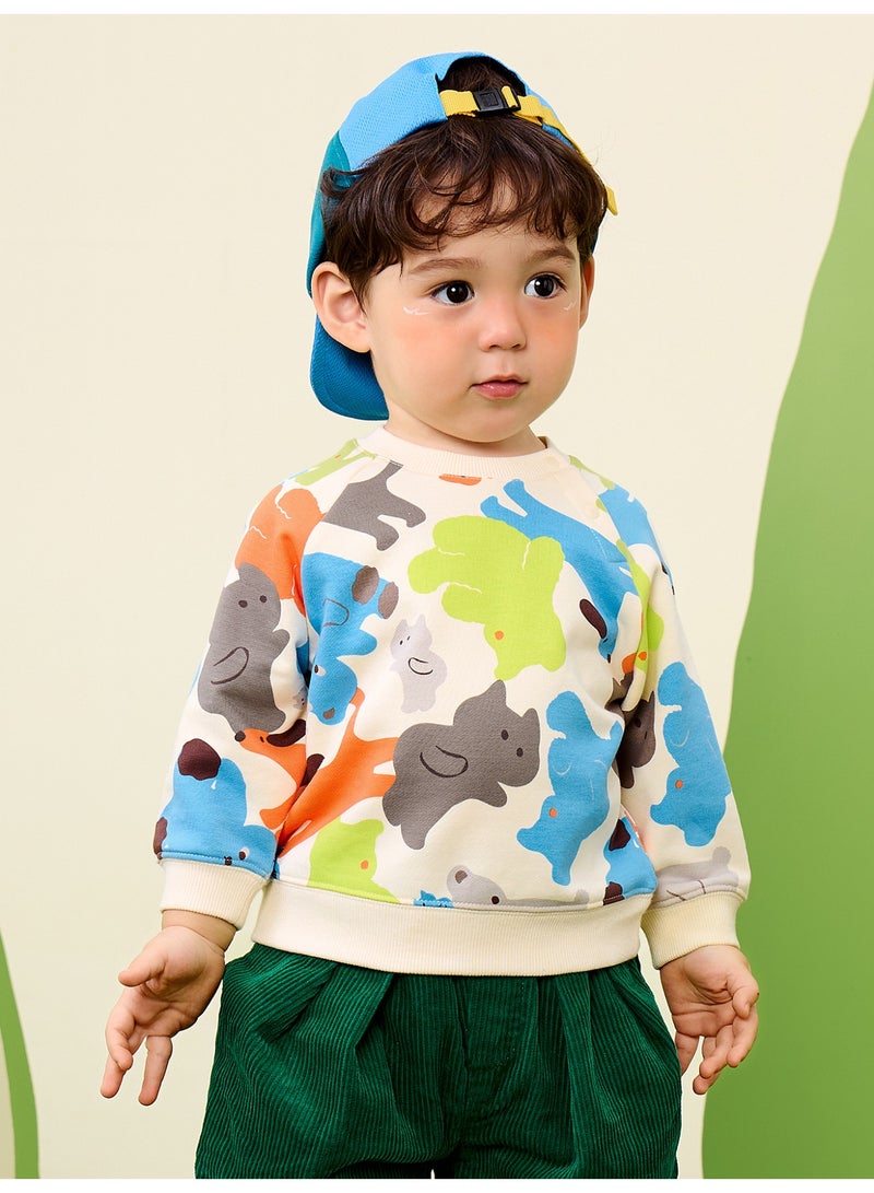 ميني بالا سويت شيرت برقبة دائرية للجنسين، مطبوع عليه رسوم متحركة لطيفة على شكل حيوان، مصنوع من نسيج مزيج قطني ناعم، بلوزة كاجوال لطيفة ومريحة للأطفال - Image 1
