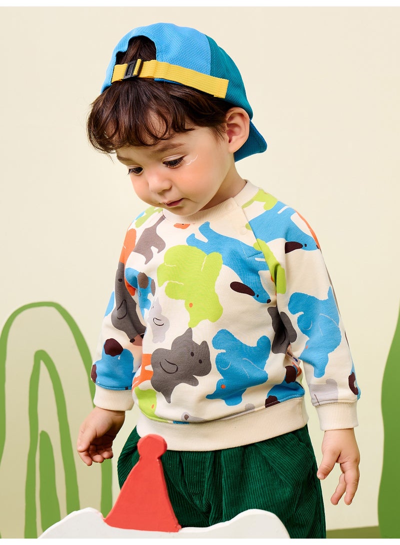 ميني بالا سويت شيرت برقبة دائرية للجنسين، مطبوع عليه رسوم متحركة لطيفة على شكل حيوان، مصنوع من نسيج مزيج قطني ناعم، بلوزة كاجوال لطيفة ومريحة للأطفال - Image 2