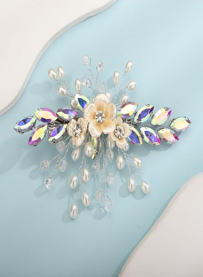 Xerling Colorful Rhinestones Iridescent Crystal Flower Hair Barrettes Clip Boho Bridal Pearl Hair Jewelry Accessories for Women Wedding Floral Headpieces (AB Colorful) - Image 1