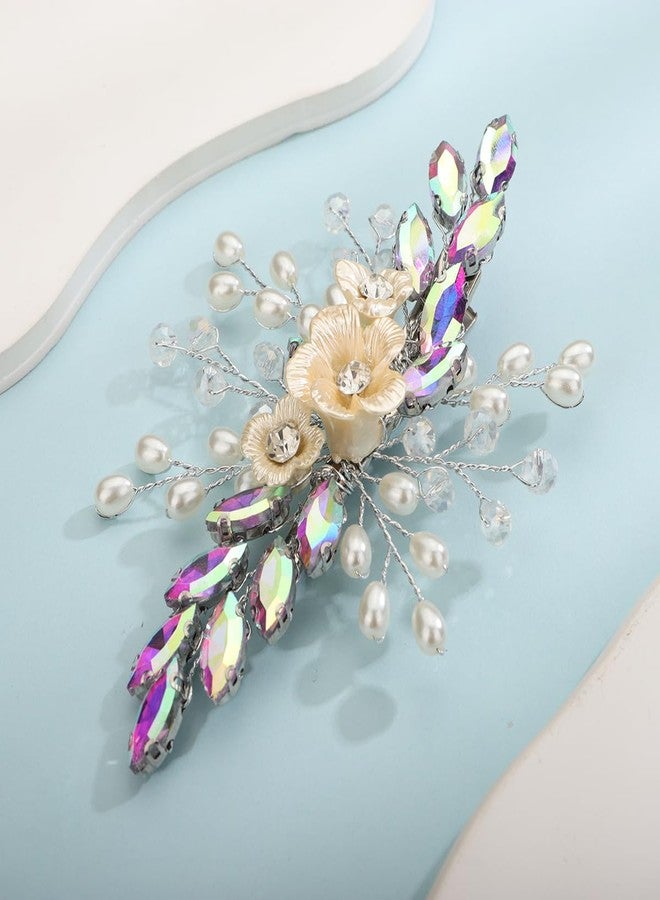 Xerling Colorful Rhinestones Iridescent Crystal Flower Hair Barrettes Clip Boho Bridal Pearl Hair Jewelry Accessories for Women Wedding Floral Headpieces (AB Colorful) - Image 2