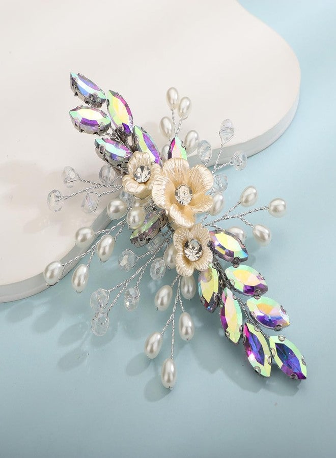 Xerling Colorful Rhinestones Iridescent Crystal Flower Hair Barrettes Clip Boho Bridal Pearl Hair Jewelry Accessories for Women Wedding Floral Headpieces (AB Colorful) - Image 3