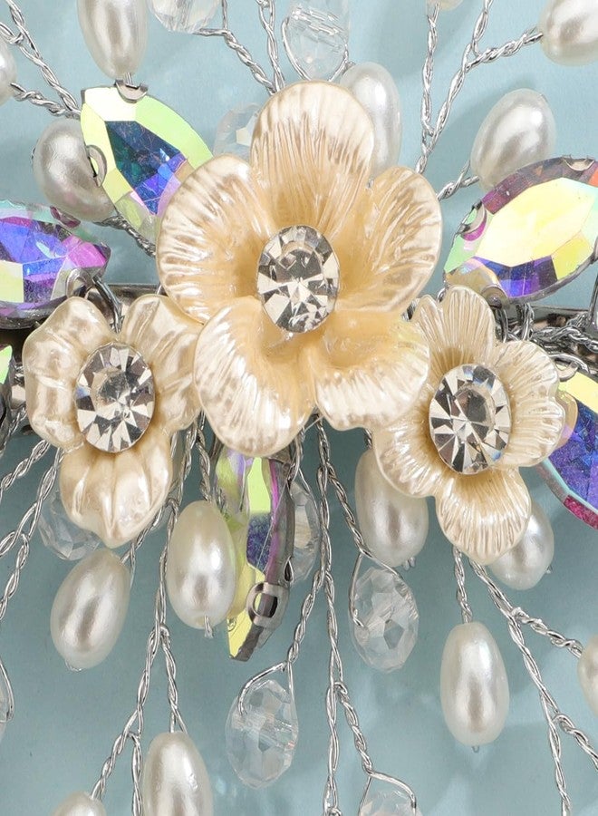 Xerling Colorful Rhinestones Iridescent Crystal Flower Hair Barrettes Clip Boho Bridal Pearl Hair Jewelry Accessories for Women Wedding Floral Headpieces (AB Colorful) - Image 5