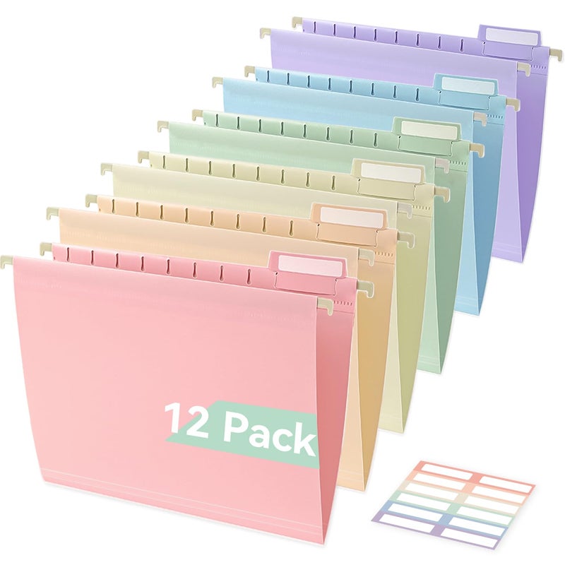 SortRax Plastic Hanging File Folders, Letter Size, 12 Pack Pastel Hanging Folders, with Insertable 1/5-Cut Tabs for Filing Cabinets - Image 1