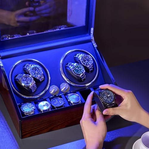 BEWISHOME Watch Winders for Automatic Watches, Automatic Watch Winder Box Watch Spinner with LED Light, 4 Watch Winder with Quiet Running Motor and 6 Storage Case for Man/Woman's Watches, Brown SYQ01Y - Image 5