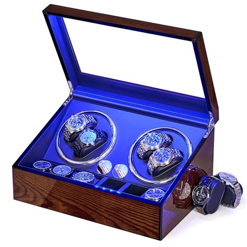 BEWISHOME Watch Winders for Automatic Watches, Automatic Watch Winder Box Watch Spinner with LED Light, 4 Watch Winder with Quiet Running Motor and 6 Storage Case for Man/Woman's Watches, Brown SYQ01Y - Image 1